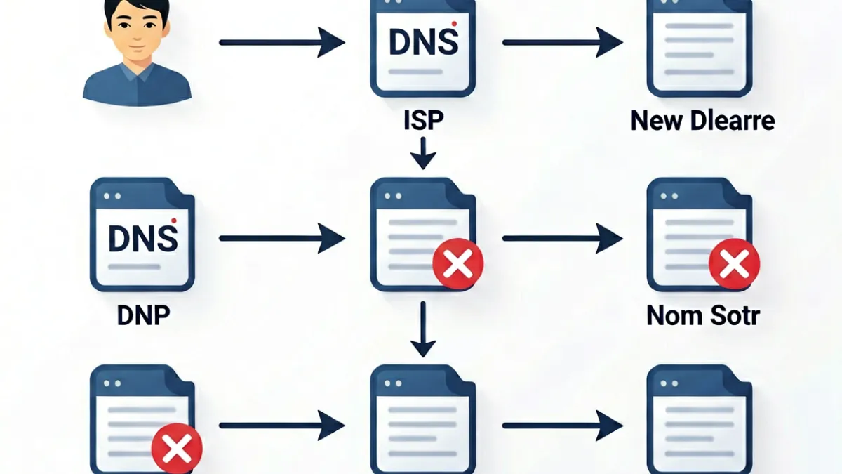 示意图：DNS解析链路与域名切换原理，说明俺去也新地址频繁更换的技术背景